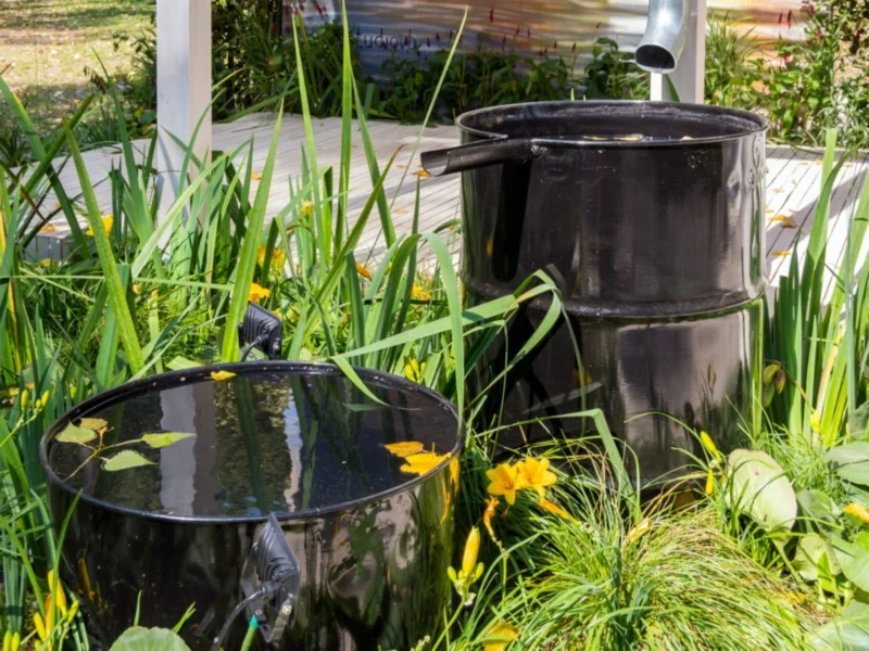 rainwater harvesting system using barrels or large containers to collect water during spring showers