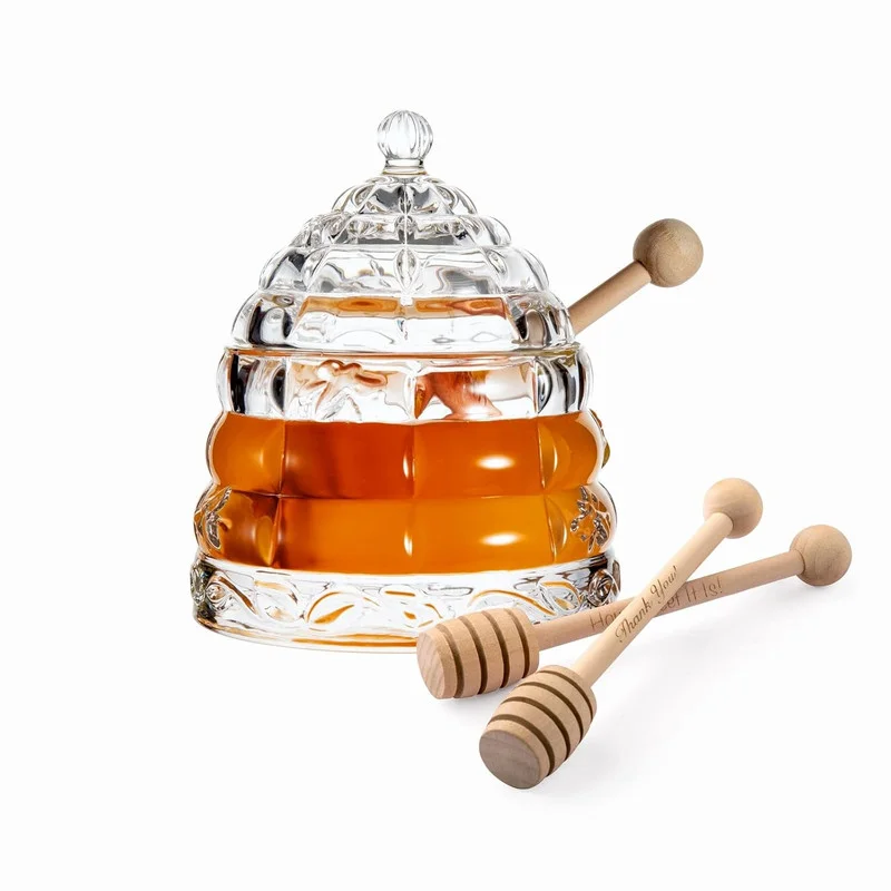 Glass Honey Pot with Lid and Wooden Dippers - Set Includes 3 Dippers