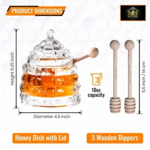 Glass Honey Pot with Lid and Wooden Dippers - Set Includes 3 Dippers