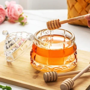 Glass Honey Pot with Lid and Wooden Dippers - Set Includes 3 Dippers
