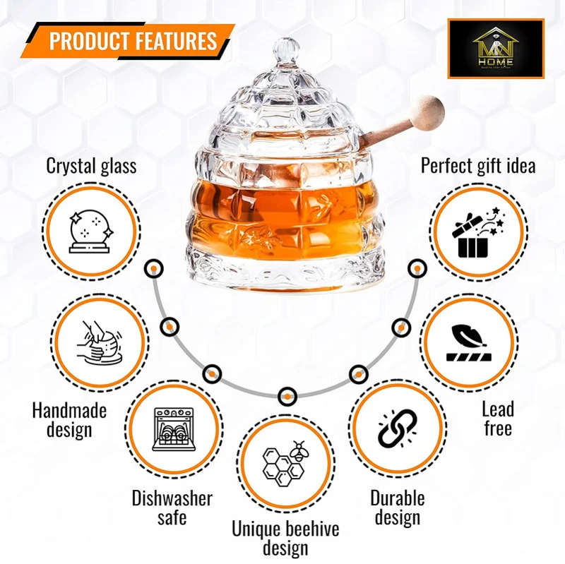 Glass Honey Pot with Lid and Wooden Dippers - Set Includes 3 Dippers