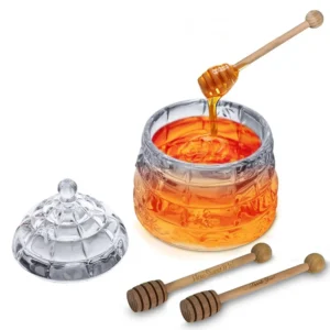 Glass Honey Pot with Lid and Wooden Dippers - Set Includes 3 Dippers
