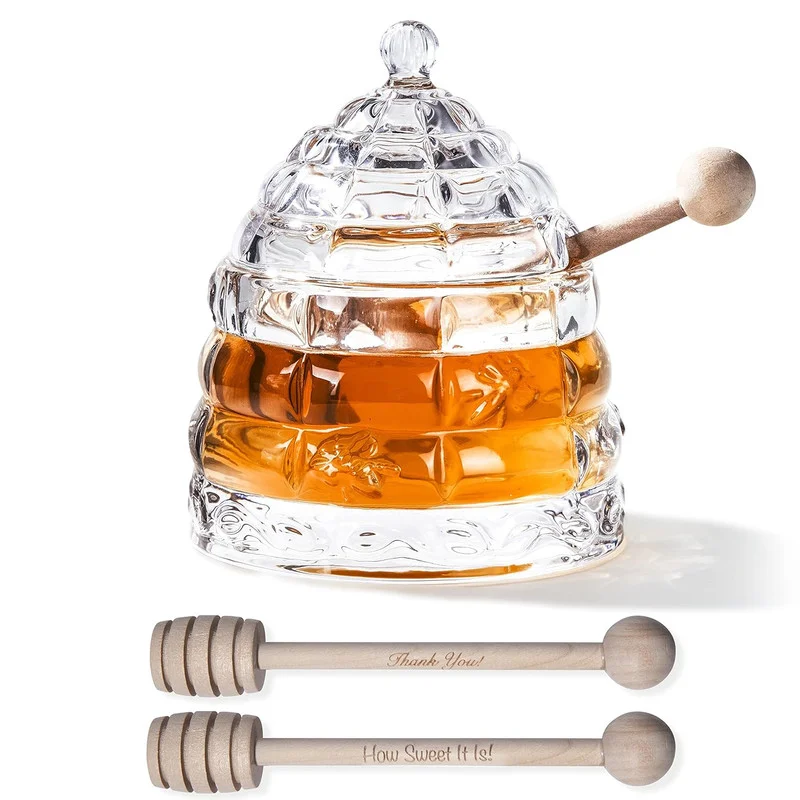 Glass Honey Pot with Lid and Wooden Dippers - Set Includes 3 Dippers