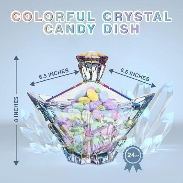 M&N Home Glass Candy Dish with Lid, Pearl Colored Crystal Candy Dish, Decorative Candy Jar, 24 Oz. Extra Large Candy Bowl, Unique Gift, Wedding Candy, Christmas Gift