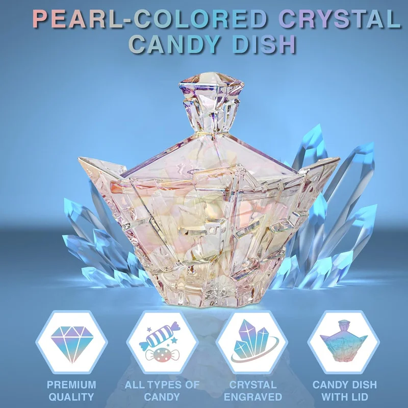 M&N Home Glass Candy Dish with Lid, Pearl Colored Crystal Candy Dish, Decorative Candy Jar, 24 Oz. Extra Large Candy Bowl, Unique Gift, Wedding Candy, Christmas Gift