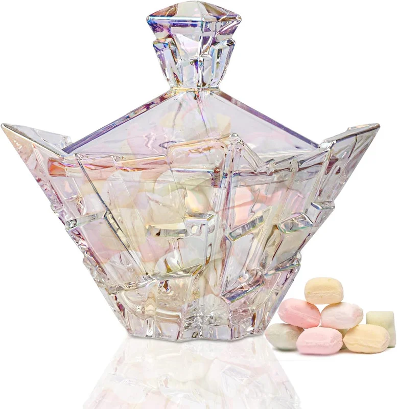 M&N Home Glass Candy Dish with Lid, Pearl Colored Crystal Candy Dish, Decorative Candy Jar, 24 Oz. Extra Large Candy Bowl, Unique Gift, Wedding Candy, Christmas Gift