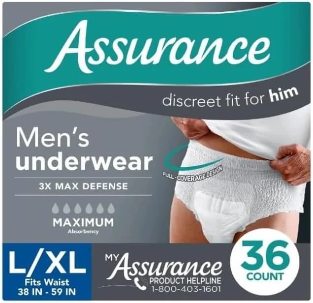 Assurance~ Men's Incontinence Underwear, L/XL, Maximum Absorbency ~ (36 Count) ~ (X-Large) ~ (White) Pack of 1