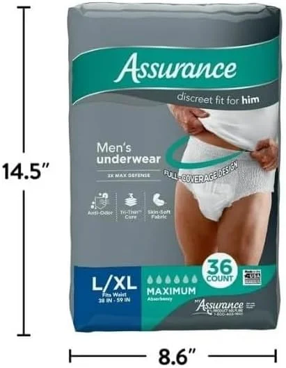 Assurance~ Men's Incontinence Underwear, L/XL, Maximum Absorbency ~ (36 Count) ~ (X-Large) ~ (White) Pack of 1