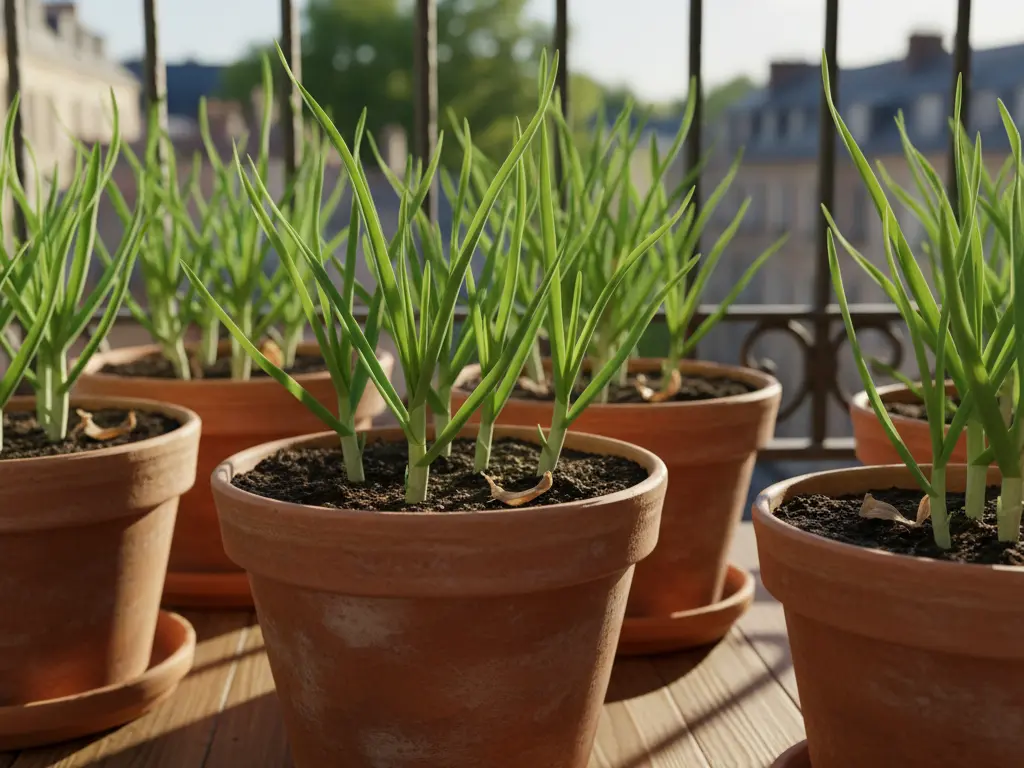 Mature garlic plants growing in pots with green leaves